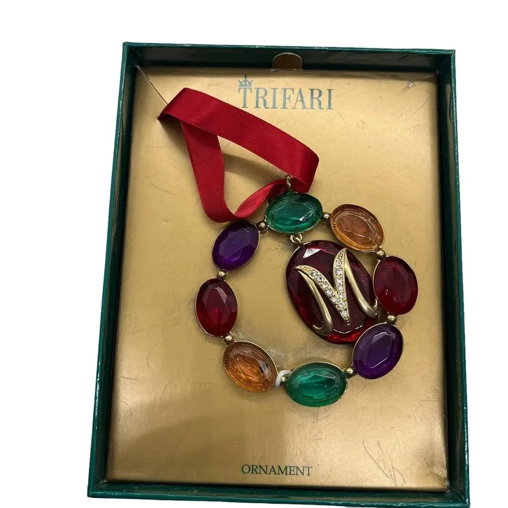 Trifari M Initial Ornament Christmas Bold Colorful Jewels New In Box Box Damage